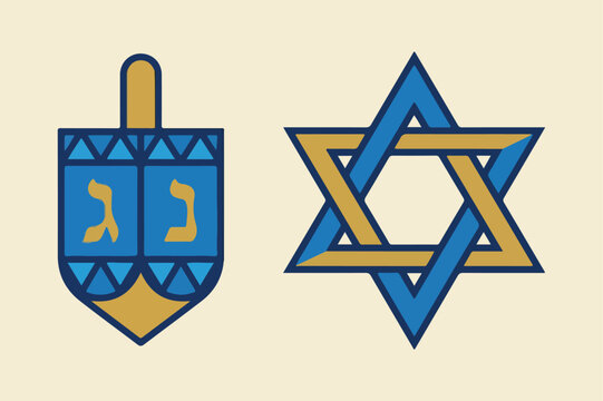 Hanukkah Dreidel and Star of David vector illustration in blue and gold for Jewish holiday celebration designs