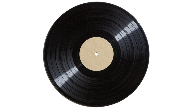 Black vinyl record with beige label and grooves, isolated on transparent background