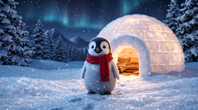 Cute Penguin and Igloo Cartoon in a Snowy Winter Night Landscape