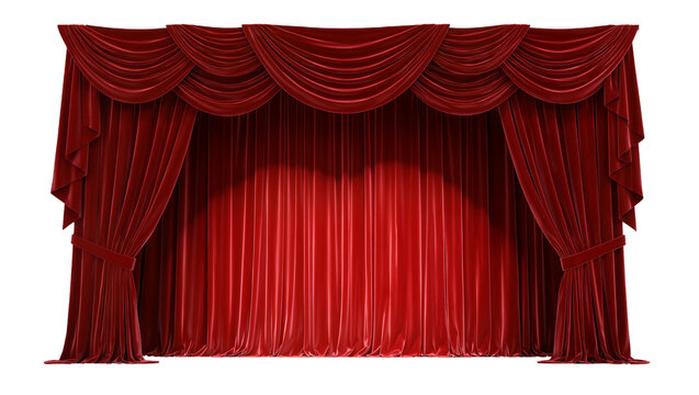 Luxurious red velvet stage curtains with ornate draping, isolated on transparent background