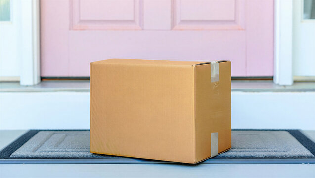 Sealed cardboard package rests on a welcome mat outside a pink front door, representing home delivery, online shopping, and doorstep service.