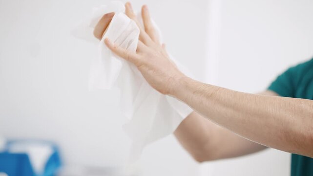 Close up of a doctor meticulously drying hands with a sterile towel, an essential hygiene step before performing a medical operation
