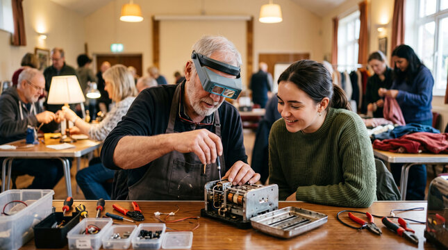 Elderly man with magnifying glasses repairs appliance with young woman assisting in workshop setting