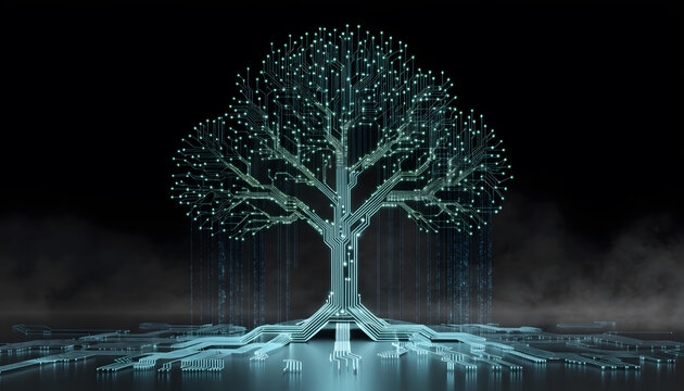 Digital circuit board tree network representing eco technology. Data growth and sustainable computing. Glowing cyber tree transmitting electronic signals in dark space