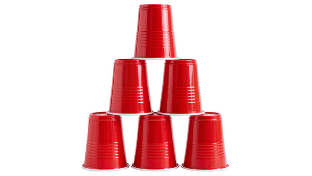 Pyramid of red plastic party cups stacked, isolated on transparent background