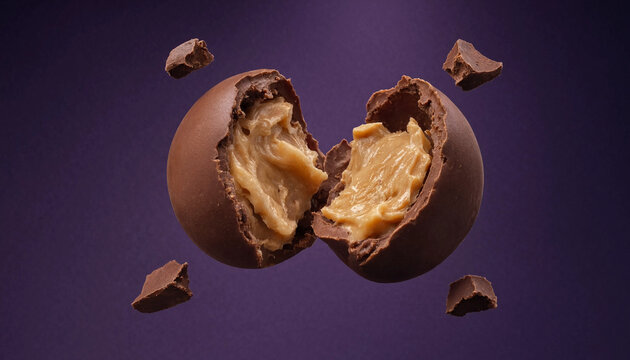 A broken chocolate truffle reveals a soft caramel filling against a dark purple background, with chocolate pieces suspended around it.
