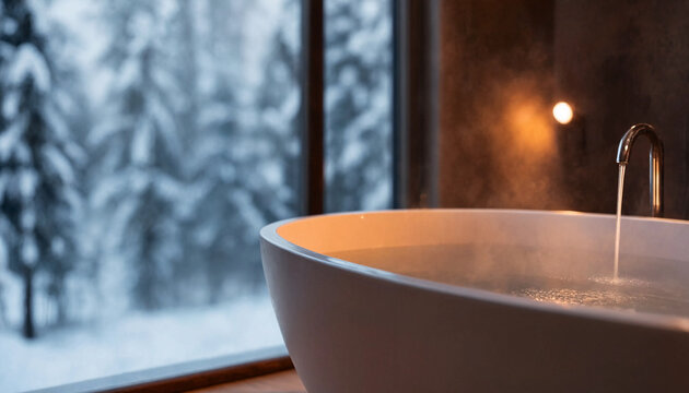 Modern freestanding bathtub filled with warm water beside a snowy window, with a sleek faucet running indoors during winter.
