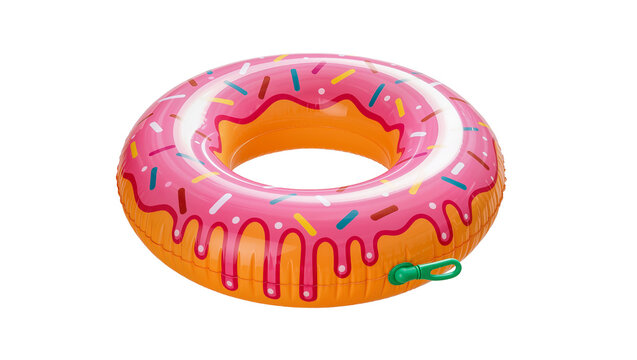 Pink frosted donut inflatable ring with colorful sprinkles, isolated on transparent background