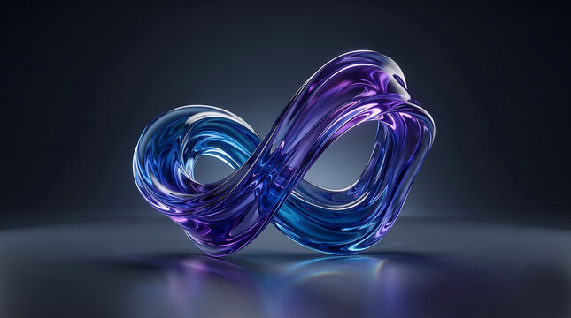 Infinity symbol crafted from flowing blue and purple liquid glass with glass sculpture