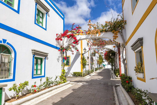 Gran Canaria island Puerto de Mogan traditional colorful houses with flowers holiday in Spain