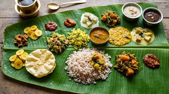 Traditional South Indian Sadhya meal served on a fresh green banana leaf with red rice, variety of vegetarian curries, papadum, banana chips, and sweet desserts on a rustic wooden background.