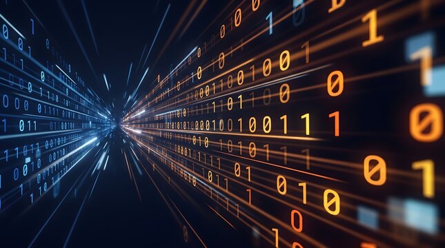 Abstract digital stream of binary code data flowing through a futuristic tunnel with glowing lines representing technology information and digital transformation.
