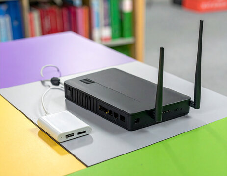 Front view of portable wireless router and charging equipment in a library