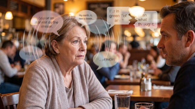 Senior woman with hearing problem struggling to understand man talking in noisy restaurant. Speech bubbles and sound waves showing communication