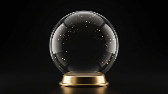 Empty transparent snow globe with golden confetti on a gold stand against black background, representing Christmas and New Year mockup, Black Friday advertising banner and holiday promotion