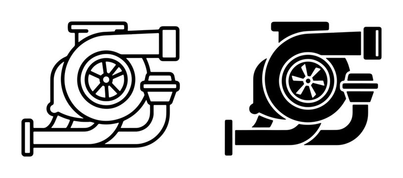 Turbocharger Icons, Automotive Engine Boost System, Mechanical Turbine, Performance Part, Vector Graphics Set