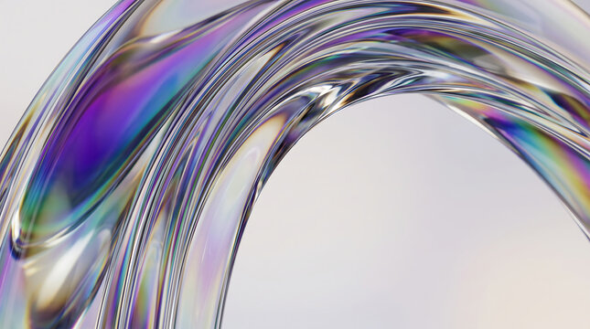 Abstract curved glass ring with holographic iridescence and light refraction effects
