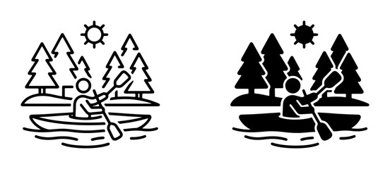 Fototapeta premium Kayaking Scene Vector Icons, Outdoor Adventure, Water Sports, Nature Landscape, Summer Recreation, Silhouette and Line Art Styles