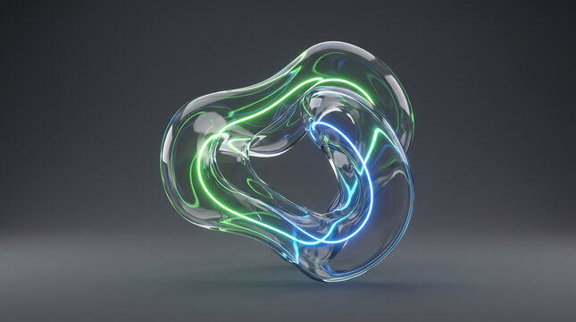 Abstract clear glass knot with glowing green and blue light conduits inside