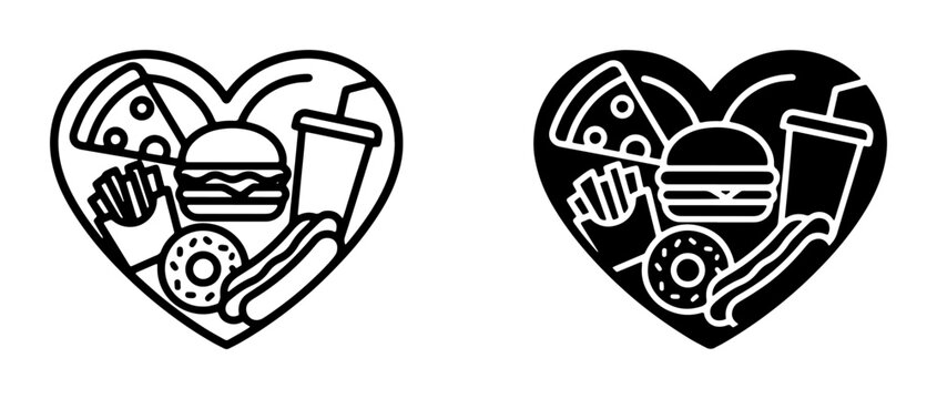 Heart Shape Icons: Fast Food Love Collection, Vector Graphics for Junk Food Enthusiasts, Pizza, Burger, Fries, Hot Dog, Donut, Drink