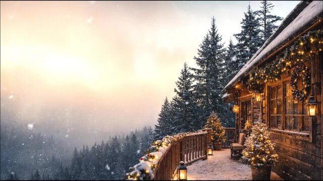 Cozy wooden cabin with a snow-covered balcony decorated with Christmas wreaths and string lights among snowy pine trees, winter mountain landscape, festive holiday retreat, peaceful winter getaway