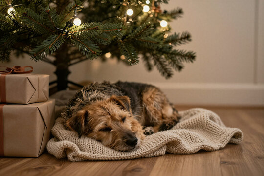 Scruffy terrier asleep on a blanket under the Christmas tree