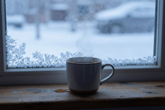 Steaming coffee mug on a frosty winter windowsill