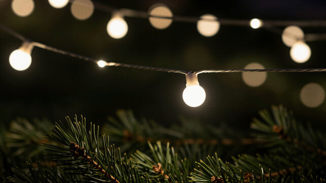 Warm string lights glowing in bokeh over dark pine branches