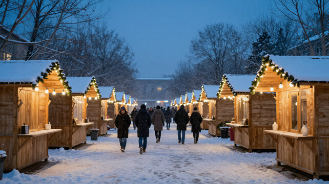 Snowy winter market with glowing stalls at dusk