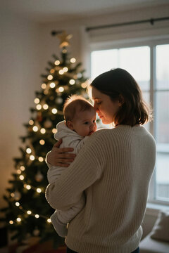 Parent holding a swaddled baby by a glowing Christmas tree