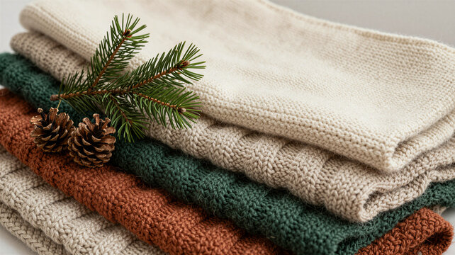 Cozy knit blankets with pine sprig and pinecones