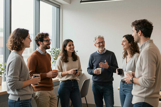 Coworkers chatting over coffee in a bright office breakout area