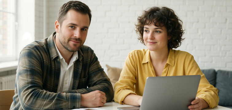 Startup team working together on a laptop in a bright office setting, symbolizing small business growth.
