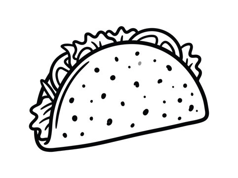 Mexican taco line art illustration with lettuce tomato and crispy shell for restaurant menu design