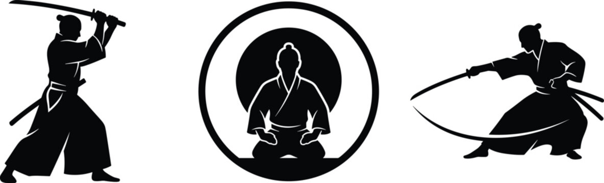 Japanese samurai and traditional martial arts vector icons set featuring combat stance katana sword slashes and meditation circle
