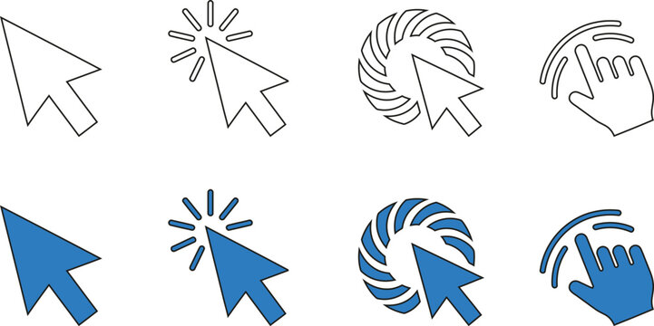 Four stages of a blue cursor clicking and transitioning into a swirling pattern