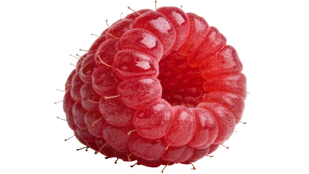 Single ripe red raspberry with water droplets, isolated on transparent background