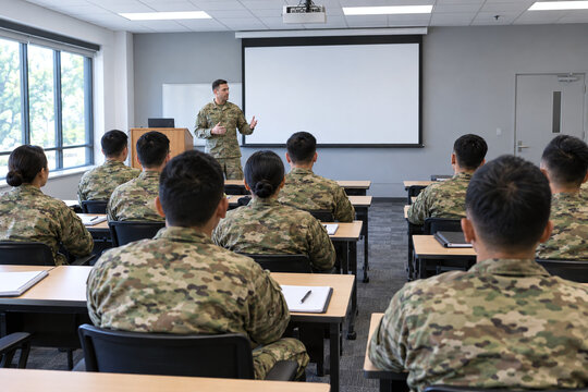 Soldiers in camouflage uniforms seated at desks listening to instructor near blank projector screen, military classroom training session