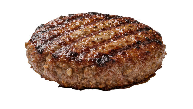 Juicy grilled beef burger patty with char marks, isolated on transparent background