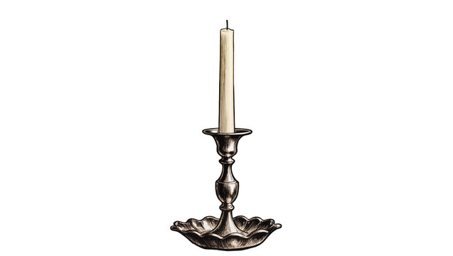 Antique silver candlestick holding a tall cream candle, isolated on transparent background