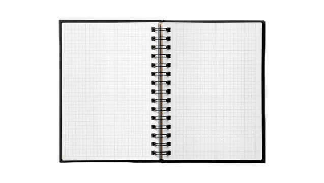 Open black spiral bound notebook with grid paper, isolated on transparent background