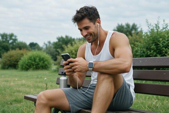 Man relaxing outdoors in a park, listening to music while checking his phone, embodying wellness and fitness.