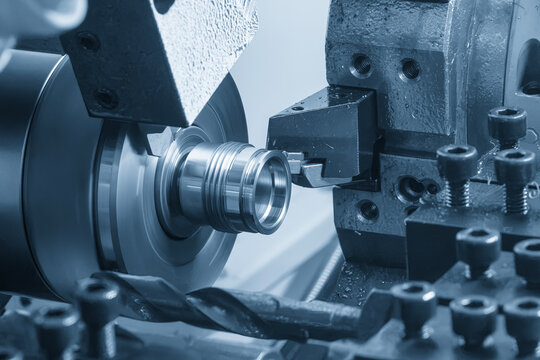 High precision parts mass production on a Swiss-type multi-tasking CNC lathe machine in a blue tone scene
