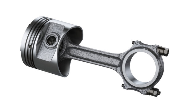 Detailed metal piston and connecting rod assembly, isolated on transparent background