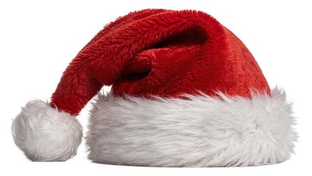 Fluffy red Santa hat with white trim, isolated on transparent background