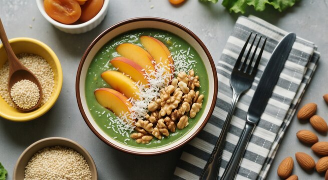 Vibrant green smoothie bowl topped with peaches, coconut, and walnuts for a healthy breakfast lifestyle shot.