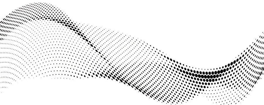 Black halftone wave background. Dotted curved flow wallpaper. Abstract textured grainy fluid backdrop. Vector grit pop art swoosh element for poster, banner, overlay, card, brochure, flyer, leaflet