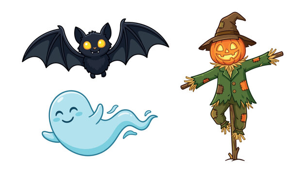 Cute Halloween vector character elements set featuring a smiling ghost flying bat and spooky pumpkin scarecrow isolated on white