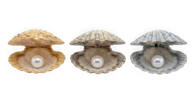 Luxurious sea shell set with pearls and oysters, isolated on white background