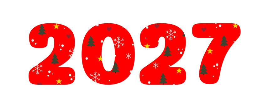 Red Christmas number 2027 decorated with green pine trees stars and snowflakes isolated on transparent or white background for New Year card banner design